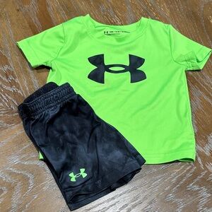 Under Armour Neon Green Tee and Black Shorts Set-shorts and shirt 18 month